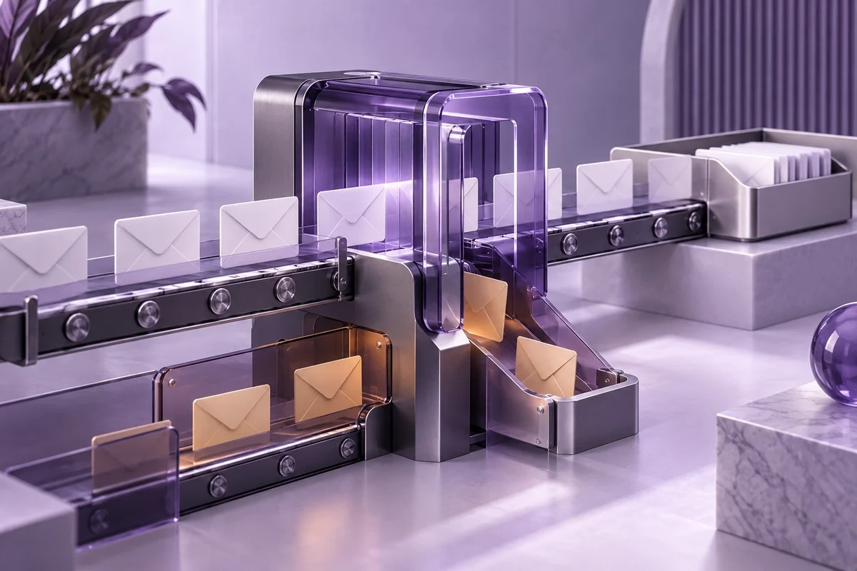 Conceptual illustration of incoming messages passing through layered purple email filters towards an inbox
