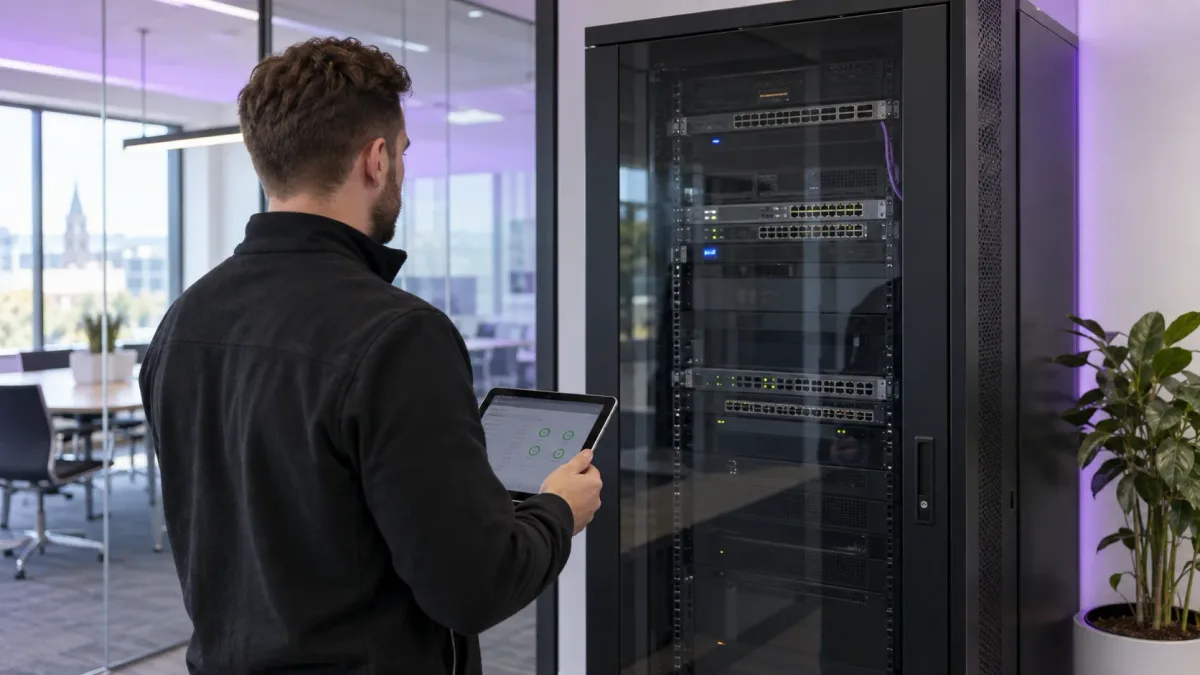 Illustrative network engineer monitoring a communications cabinet